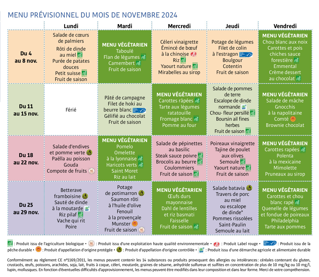 Menus scolaires Cachan Novembre 2024