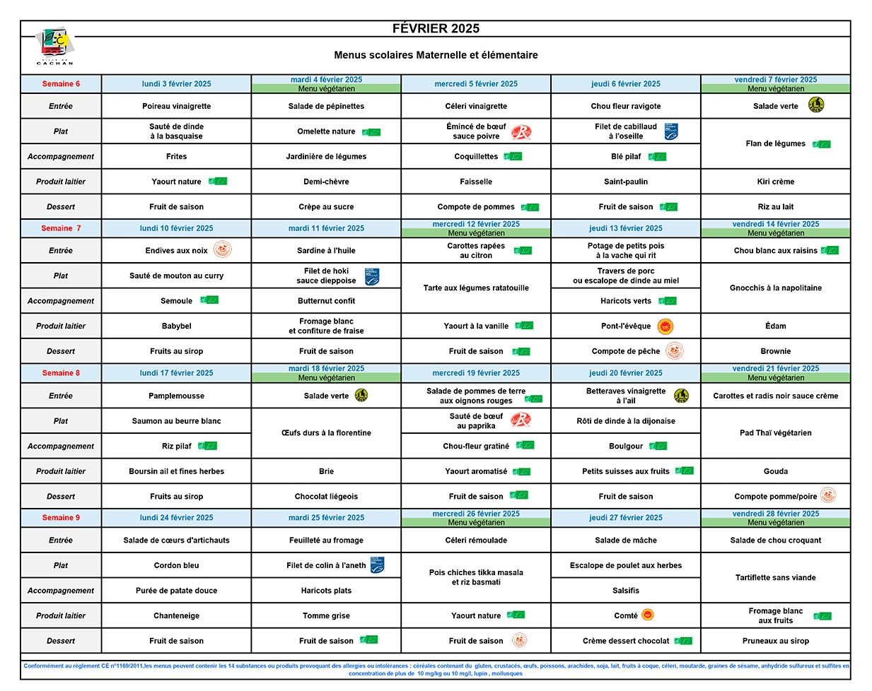 menus scolaires février 2025 à Cachan 